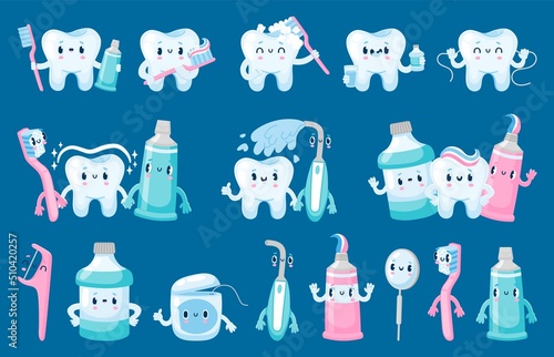 Dental care characters. Tooth toothbrush toothpaste dental floss cute cartoon mascots for dentistry and pediatric posters. Vector mouthwash and healthcare concept set