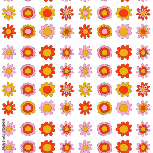 70s Retro flowers pattern. Seamless retro background. Groovy naive flowers pattern pinkn yellow  red chamomile daisy