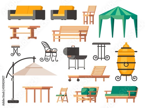 Patio furniture. Summer terrace chair table sofa umbrella, garden and veranda lounge icons with backyard barbecue grill. Vector isolated set