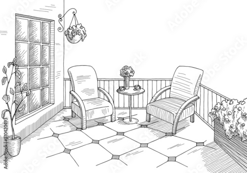 Balcony graphic black white interior sketch illustration vector