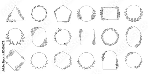 Floral frames. Square and round leaf border decorative elegant elements for wedding invitation card, simple ornamental wreath. Vector laurel set
