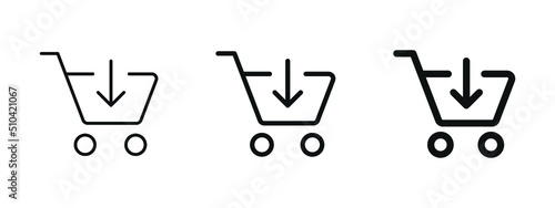 add to shopping cart icon, caddie shop basket symbol with arrow down . online buying sign
