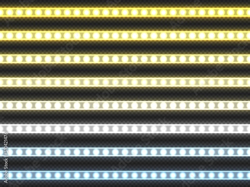 White LED strip. Realistic white light decorative ribbon of different color temperature 3000 and 6500 Kelvin. Vector glowing diode tapes isolate set