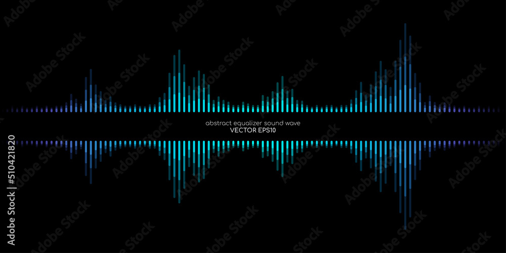 Abstract sound wave equalizer stripe lines blue green light isolated on black background with space for text. Vector illustration in concept music, sound, technology. - obrazy, fototapety, plakaty 