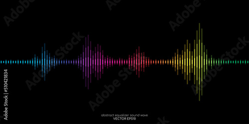 Abstract sound wave equalizer stripe lines colorful spectrum light isolated on black background. Vector illustration in concept music, sound, technology.