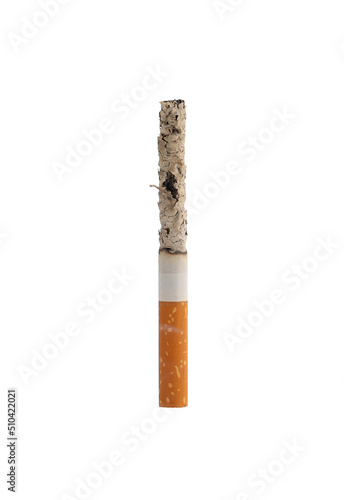 Burning cigarette isolated on white background. Drugs are harmful to the lungs.