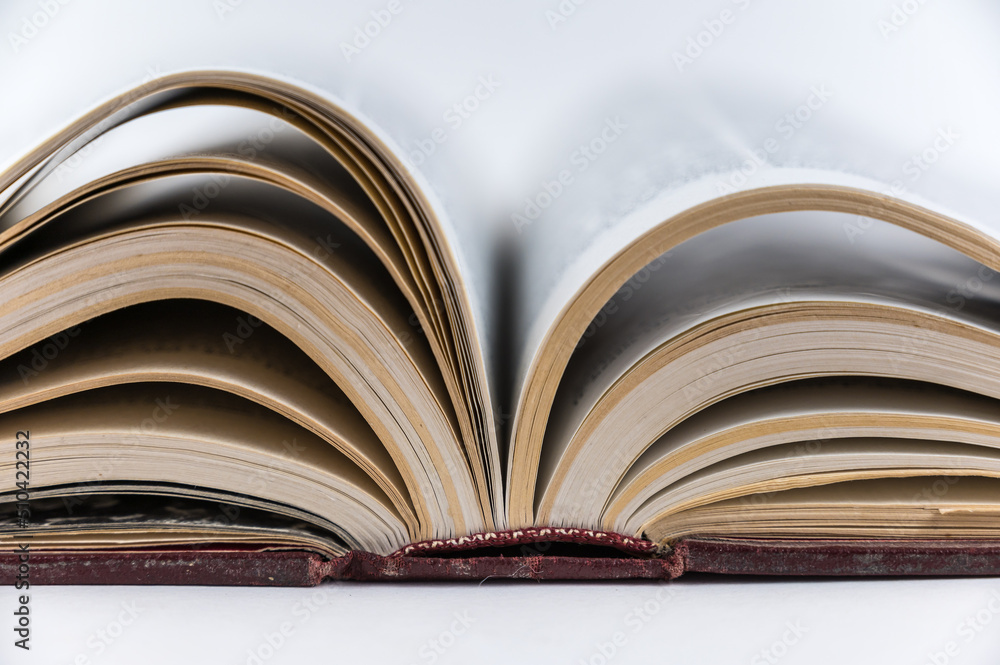 Large open book. Encyclopedia in red hardcover. Close-up. Selective Focus. Large open book. Encyclopedia in red hardcover. Close-up. Selective Focus.