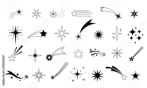 Shooting star icon. Flying comet with tail, falling meteor, abstract fantasy galaxy element, decorative night sky object silhouette. Vector isolated set