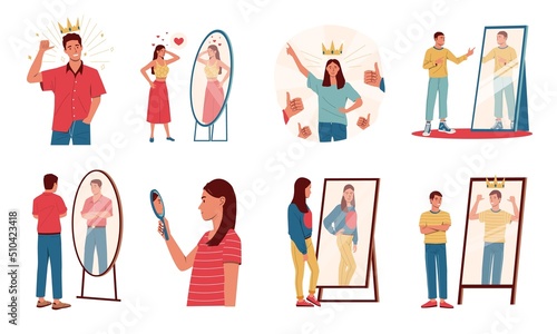 Self confident person. Cartoon men and women with positive mindset looking in mirrors proud of themselves, concept of self acceptance. Vector isolated set