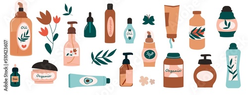 Organic make up packaging. Hand drawn cosmetic products and skin care natural treatment, glass bottles, paper tubes and glass jars. Vector scrub lotion and shampoo set