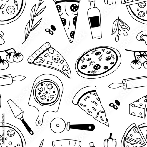 Doodle pizza pattern. Seamless print of national Italian food sketch, olive oil tomato cheese ingredients. Vector restaurant menu pizza texture