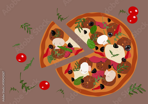 Pizza with basil leaves, tomatoes, sauce, mozzarella cheese, mushrooms and black olives.