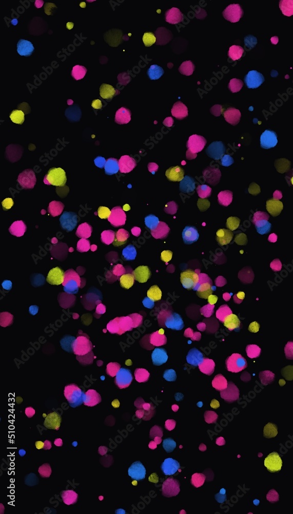 black background with yellow blue and pink drops