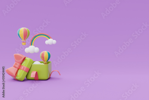 Opened gift box with colorful hot air ballon and rainbow floating on purple background, Summer time concept, 3d rendering.
