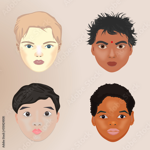 set of boy child faces with different nationality, asian, europe,afrika,hindu
