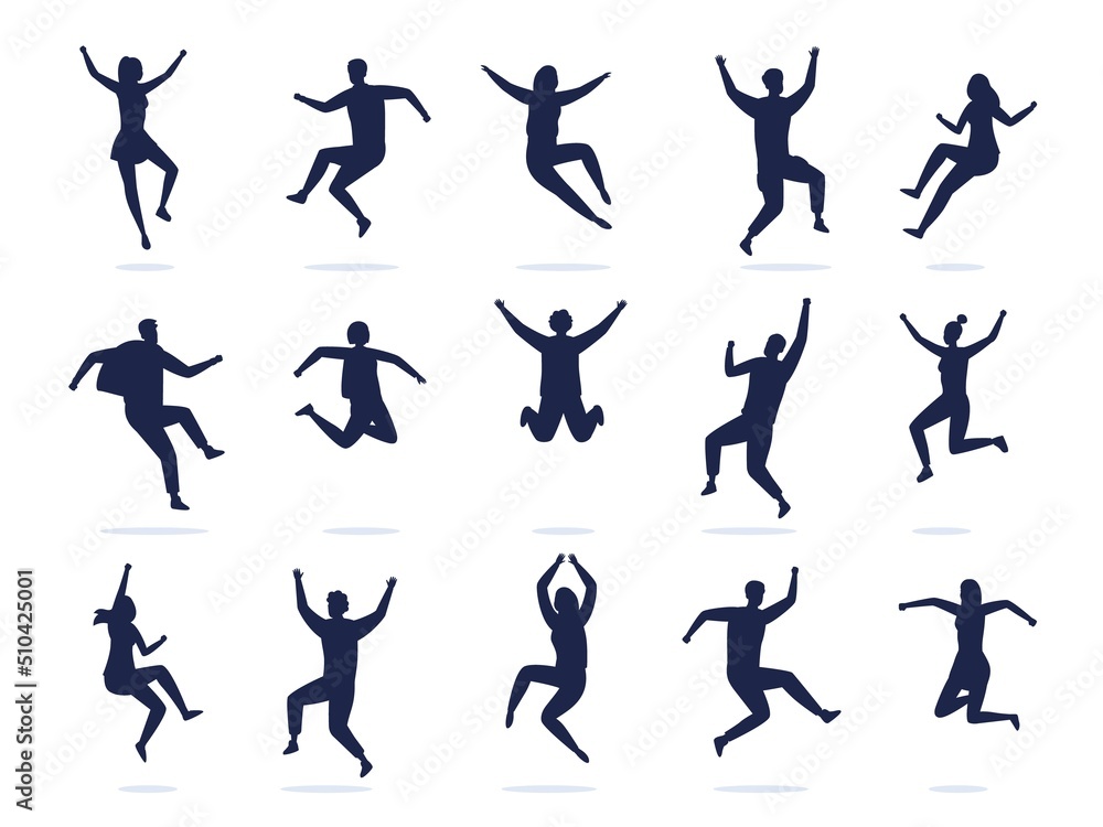 Jumping people silhouette. Happy active dancing men and women celebrating and have fun. Vector black symbols of boys and girls enjoy party Jumping people silhouette. Happy active dancing men and women celebrating and have fun. Vector black symbols of boys and girls enjoy party