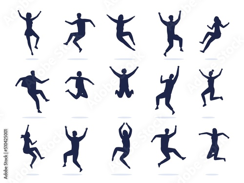 Jumping people silhouette. Happy active dancing men and women celebrating and have fun. Vector black symbols of boys and girls enjoy party