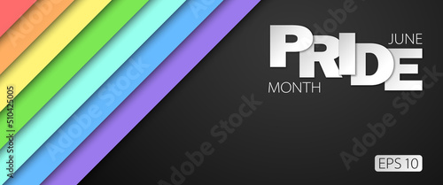 Pride month paper cut web banner template. LGBT rainbow flag on black background. Editable vector illustration compatible EPS 10.