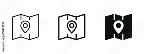 paper map icon, location pin pointer icon - gps maps position marker icons in filled, thin line, outline and stroke style for apps and website