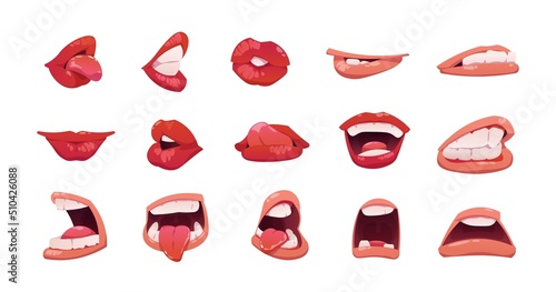 Mouth expression. Cartoon face emotion with open and clothed mouth lips teeth and tongue, happy sad angry and sexy cute emotions collection. Vector set
