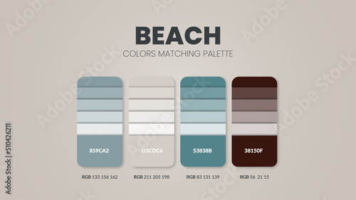 Beach tone colour schemes ideas. Color palettes are trends combinations and palette guides this year, a table color shades in RGB or  HEX. A color swatch for a spring fashion, home, or interior design