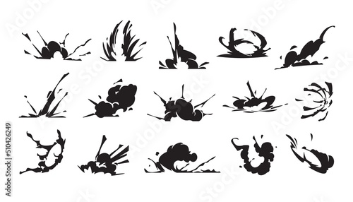 Cartoon speed effect. Comic explosion and fast move trace, smash punch and hit air dust game animation asset. Vector jump run flight energy motion and wind effect collection