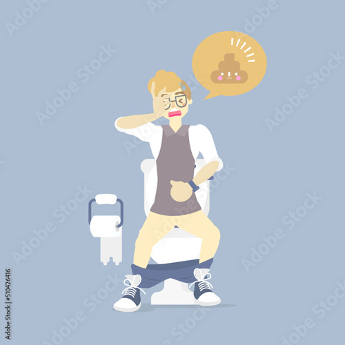 man using flush toilet, having stomach ache, suffering from diarrhea or constipation, health care, sanitation concept, flat character design clip art vector illustration cartoon