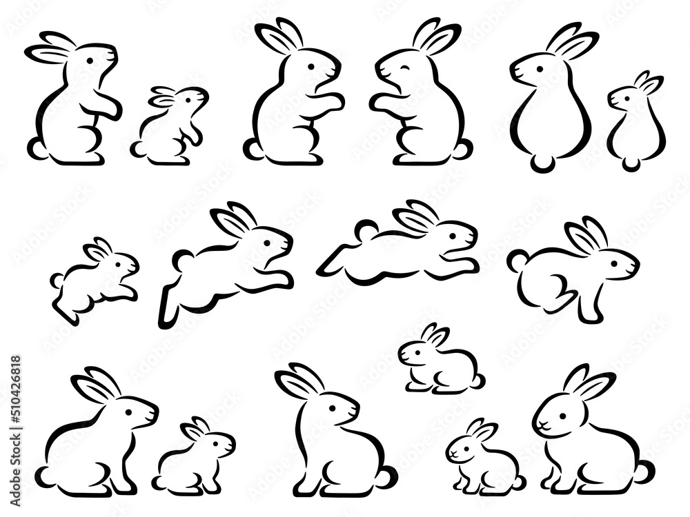 Obraz premium 手描き風のウサギの線画イラストセット