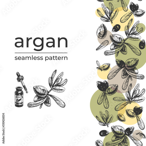 728_аrgan Argan fruit icon, argan tree branch with seeds, oil for skincare and cosmetics vector botanical illustration, food and cosmetics packaging design elements, organic oil jar, pipette, seamless