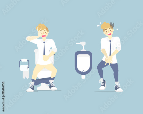 man having stomach ache, needing to urinate, holding his poo, bladder, pee, suffering from diarrhea or constipation, health care concept, flat character design vector illustration