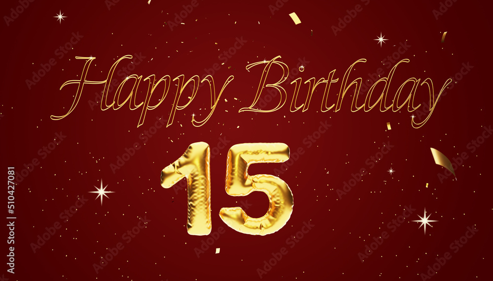 Fifteen years birthday Anniversary number 15  foil gold balloon. Happy birthday, congratulations poster. Golden numbers with sparkling golden confetti on Red Background. 3D Rendering