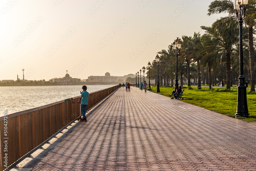 Sharjah, UAE - 02.06.2021 - People enjoying day out at Noor island area. Outdoors