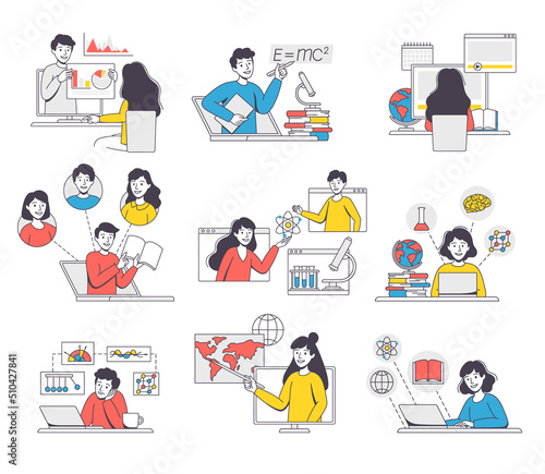 Online Learning with Man and Woman Student and Instructor Engaged in Virtual Classes Outline Vector Set
