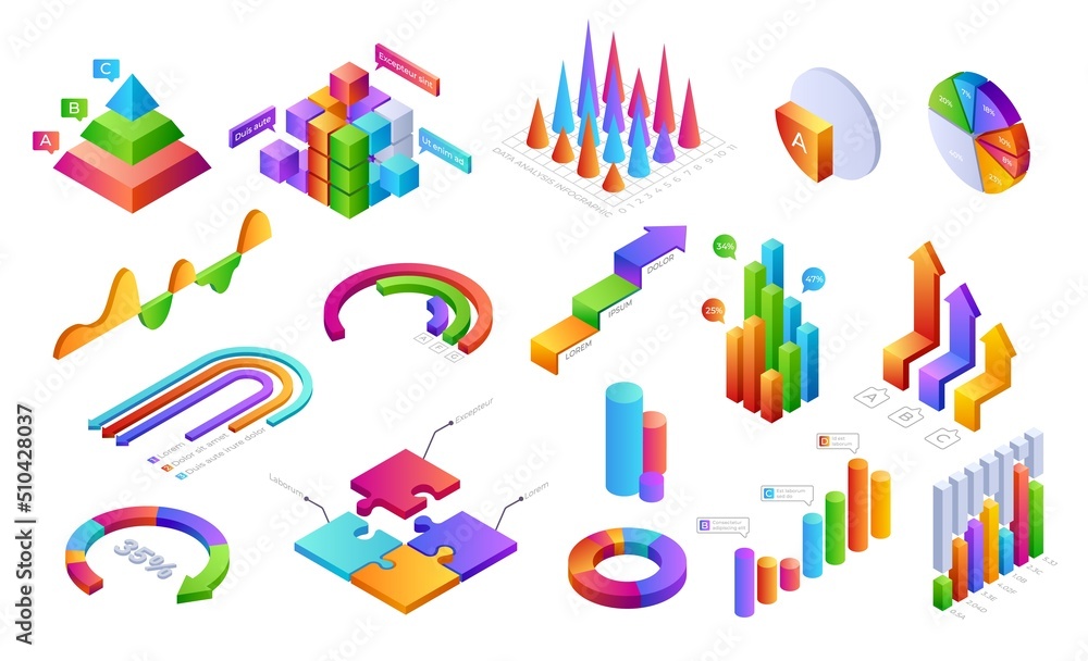 Infographic 3D elements. Isometric graphic charts progress bars with people icons for business presentation layout and financial analytic. Vector set