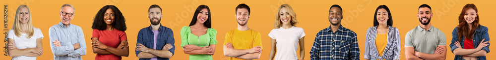Beautiful international group of people posing on yellow studio background Beautiful international group of people posing on yellow studio background