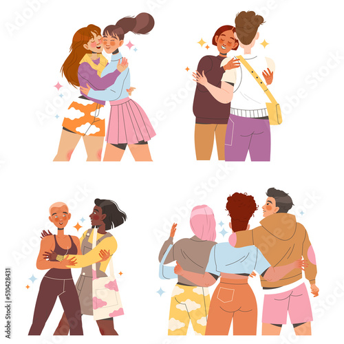 People Friend Character Hugging Meeting Each Other Feeling Joy Vector Set
