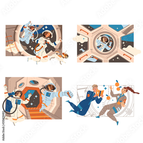 People Astronaut Character in Outer Space in Spacesuit Flying on Space Shuttle Vector Set