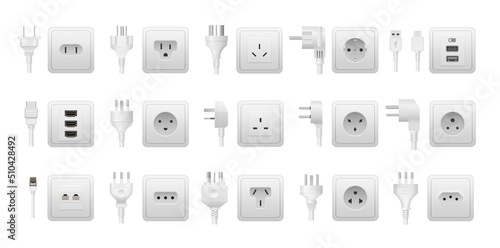Realistic socket and plug. AC power connector, American and European types of electric equipment. Vector multiple standards socket and plug isolated set