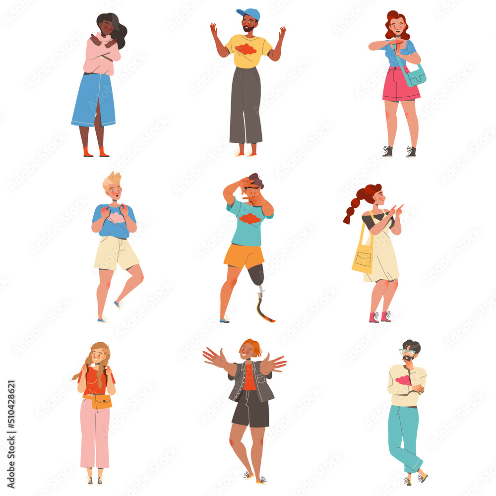 People Character Showing Different Hand Gesture Expressing Emotion with Body Language Vector Set