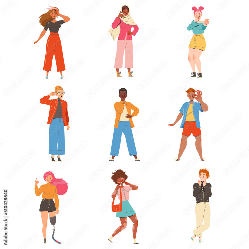 People Character Showing Different Hand Gesture Expressing Emotion with Body Language Vector Set