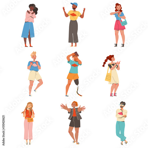 People Character Showing Different Hand Gesture Expressing Emotion with Body Language Vector Set