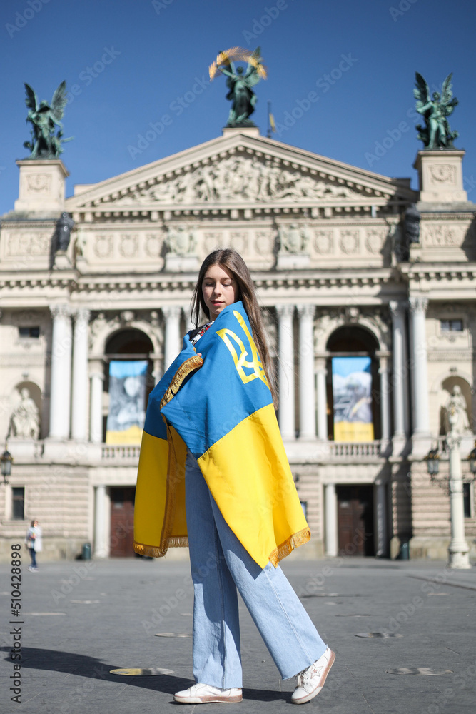 Ukrainian girl with the flag of Ukraine