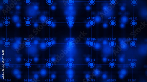 Ordered structure with blue circles and numbers. Futuristic infografic. Financial analytics. Network connection. Technology blockchain concept. Connecting dots and lines on dark background. 3d