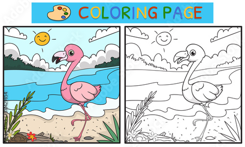 coloring pages or books for children. cute flamingo illustration on the river