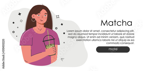 Adorable website page with Matcha. Hand draw green drink website idea. Japanese tea culture. Matcha latte is a healthy drink.Coffee shop main page in greenish colors.