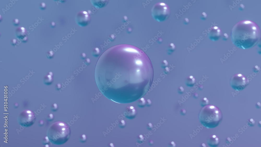 3D abstract rendering of colorful bubbles. Transparent balls, holographic floating liquid blobs, and soap bubbles. Illustration of cosmetics with 3D bubble design.