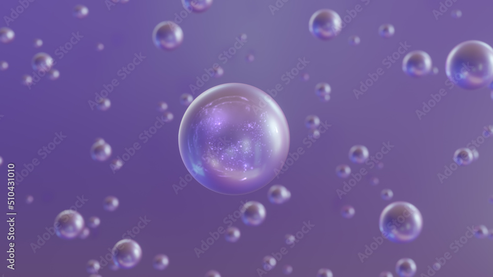 3D rendering bubble design for cosmetics on a dark background. Background of abstract science with bubbles on water. cosmetic bubble design enchantment