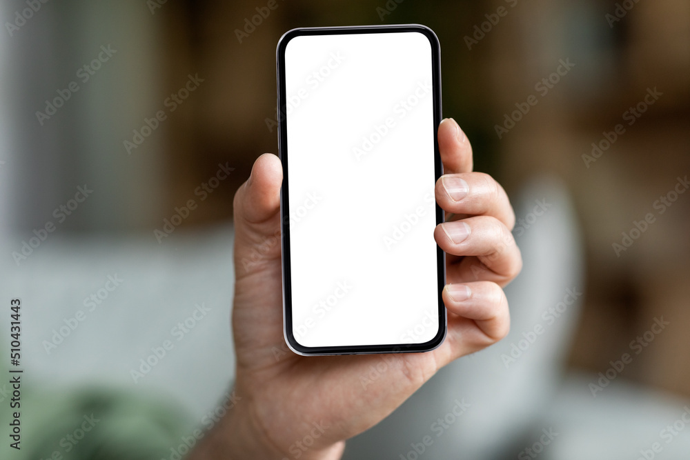 Male Hand Holding Modern Smartphone With Big Blank White Screen Male Hand Holding Modern Smartphone With Big Blank White Screen