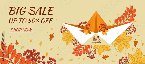 Hello autumn. Banner, poster, card. Autumn leaves, branch with rowan berry on beije background.