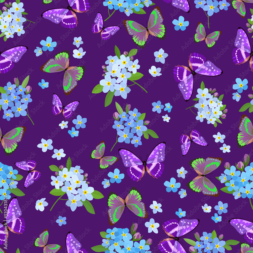 Seamless pattern with blue forget-me-nots and butterflies in blue-violet colors on a dark purple background
